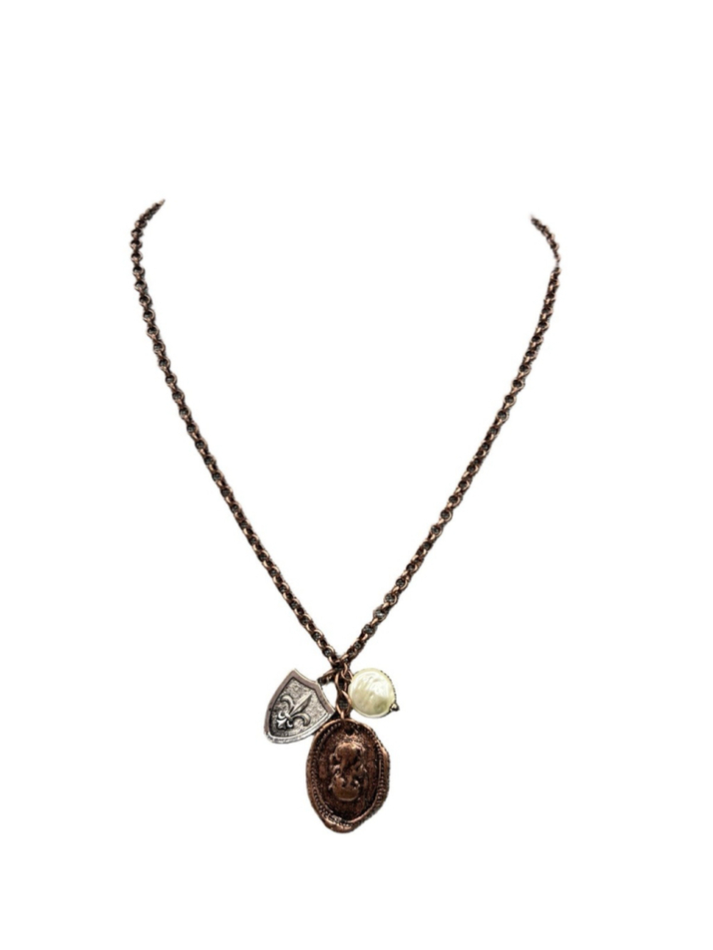 Necklace Copper Colored Chain Pendant Fleur De Lis Charm White Pearl Western